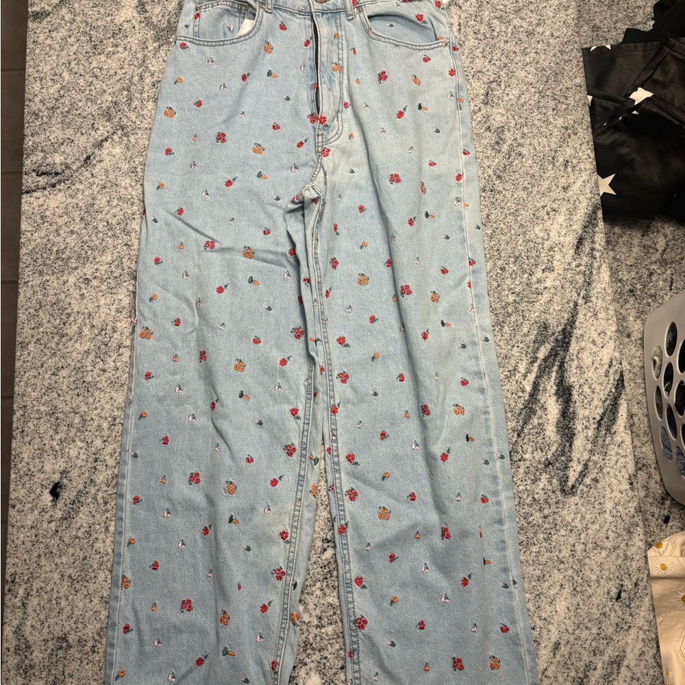 BDG Urban Outfitters Light Blue Jeans with Red Orange and Pink Floral Embroidery